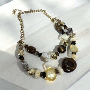 Gold Tone 2 Strands Mix Beads Necklace Glass, Mother of Pearl in Brown & White